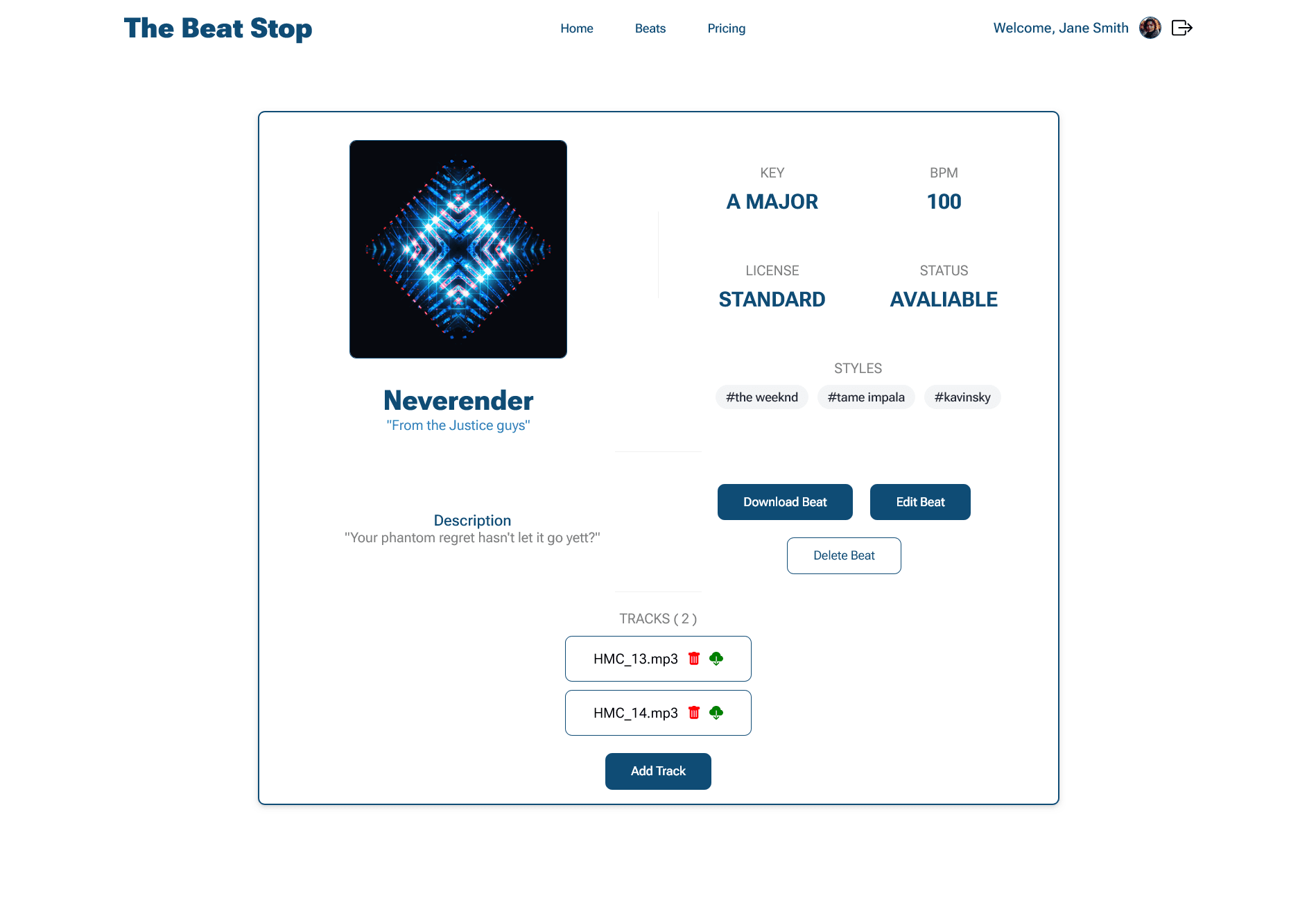 Beat details page for beat owners of the beat stop website