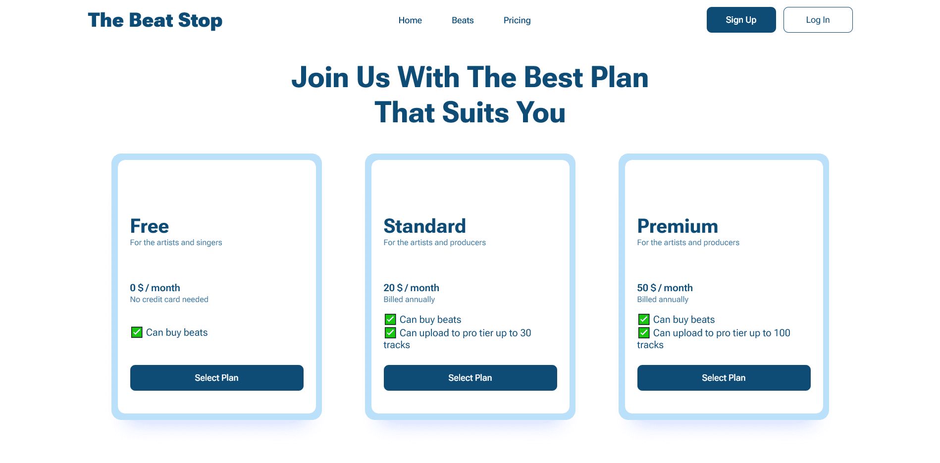 Pricing page of the beat stop website