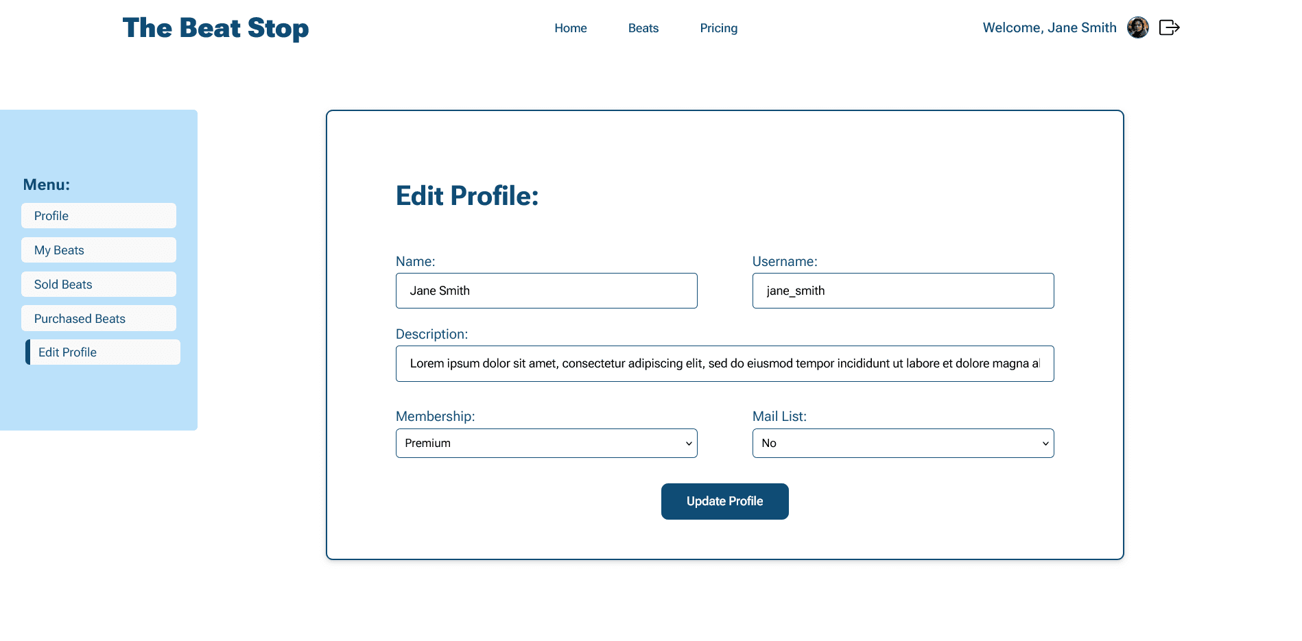 Profile editing page of the beat stop website