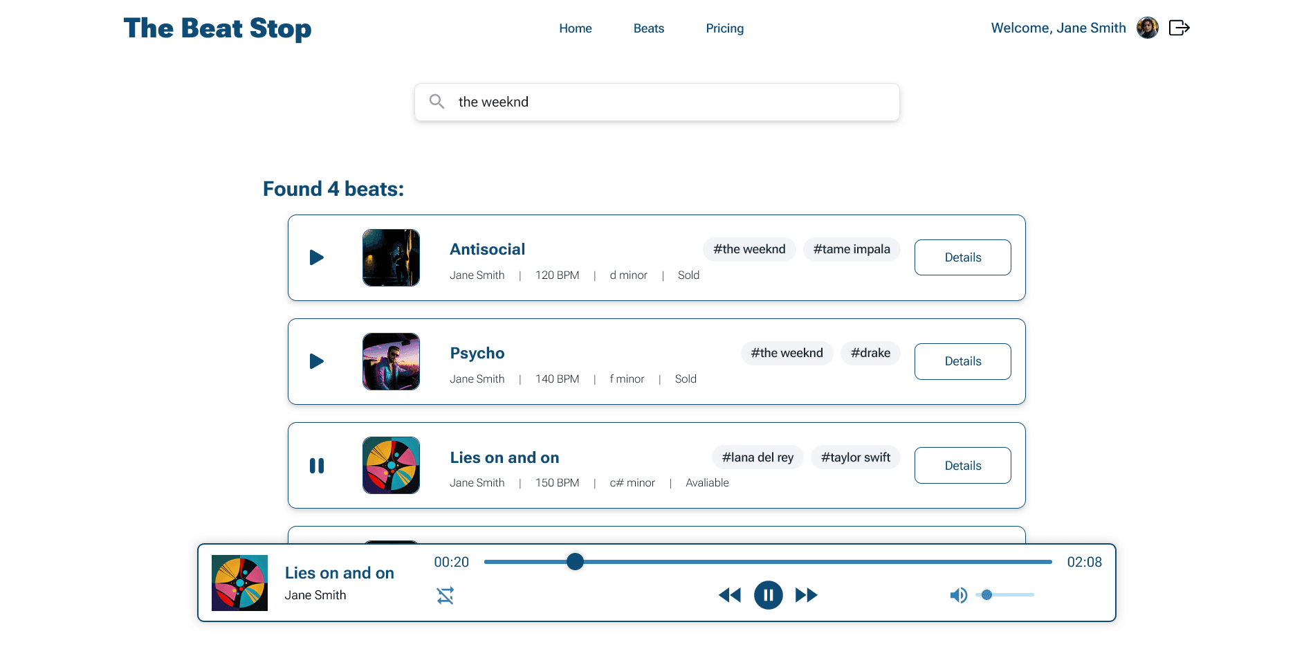 Search beats page of the beat stop website