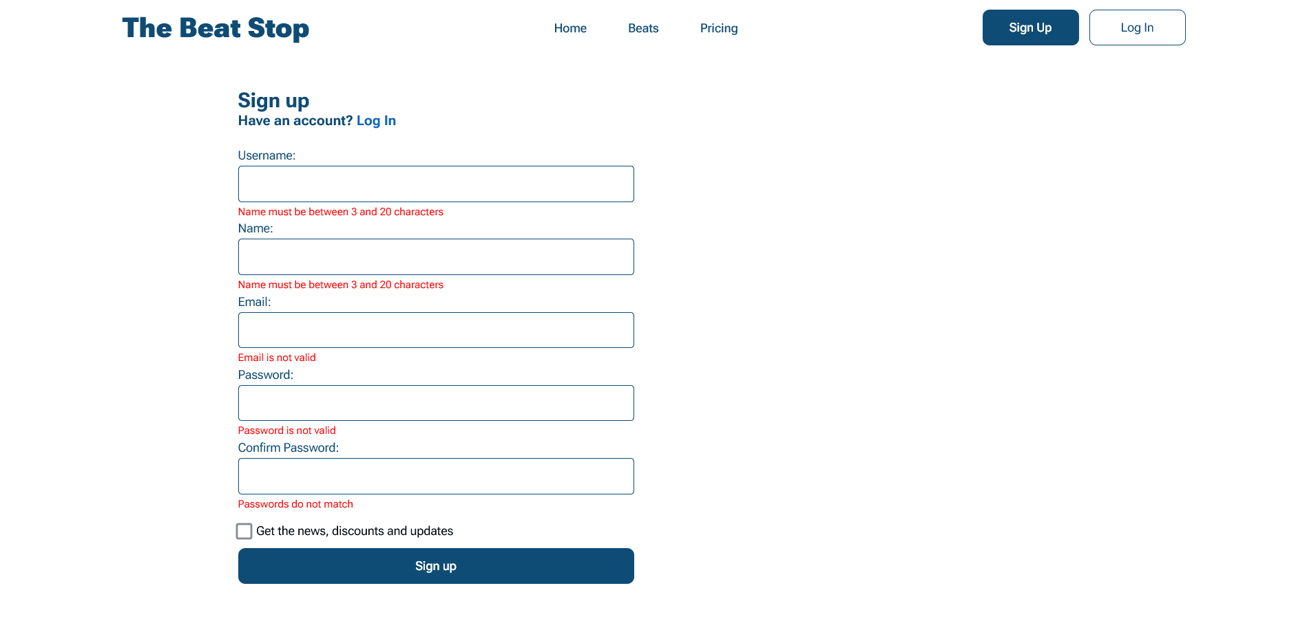 Signup page of the beat stop website