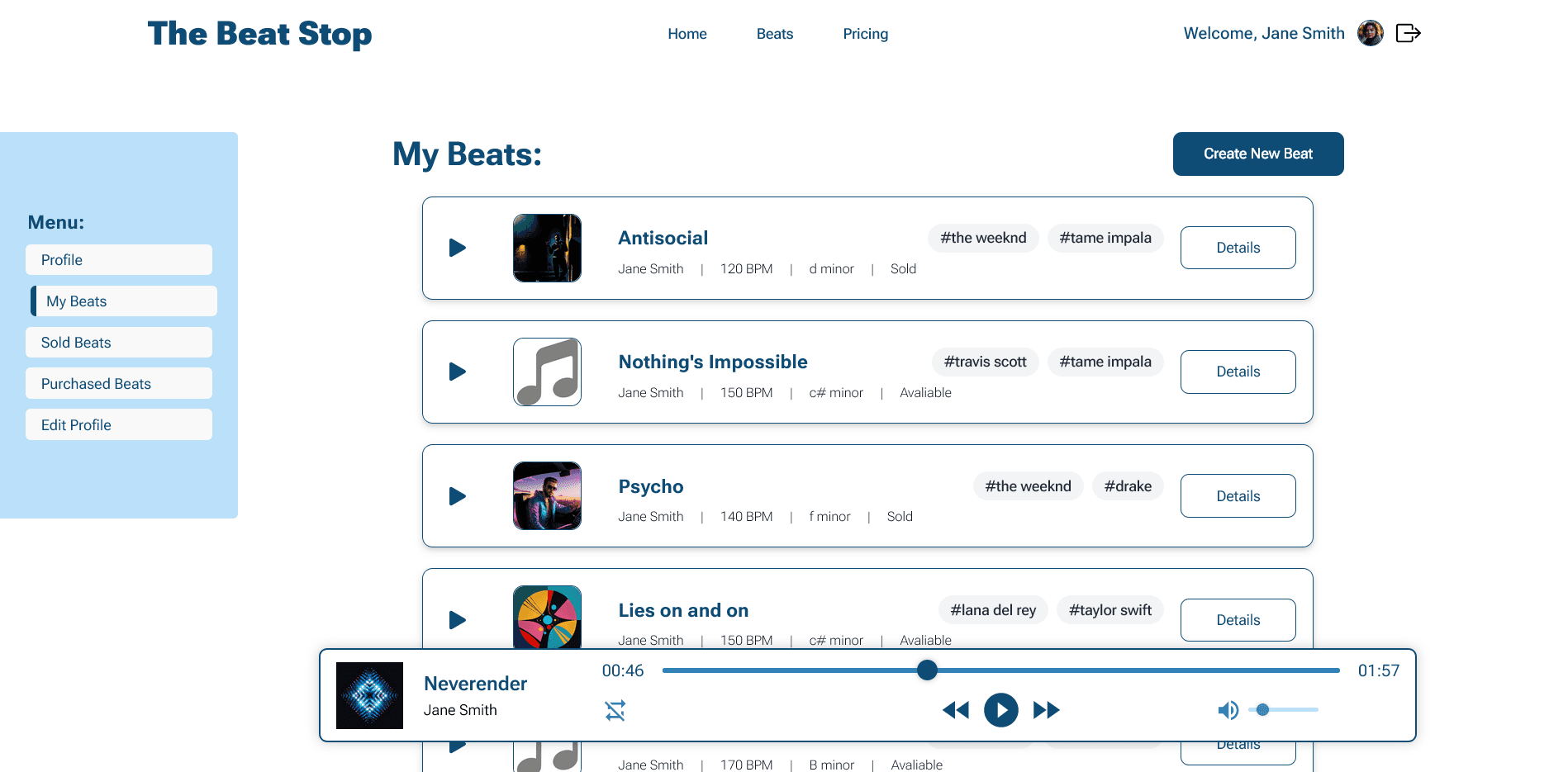 User's beats page of the beat stop website
