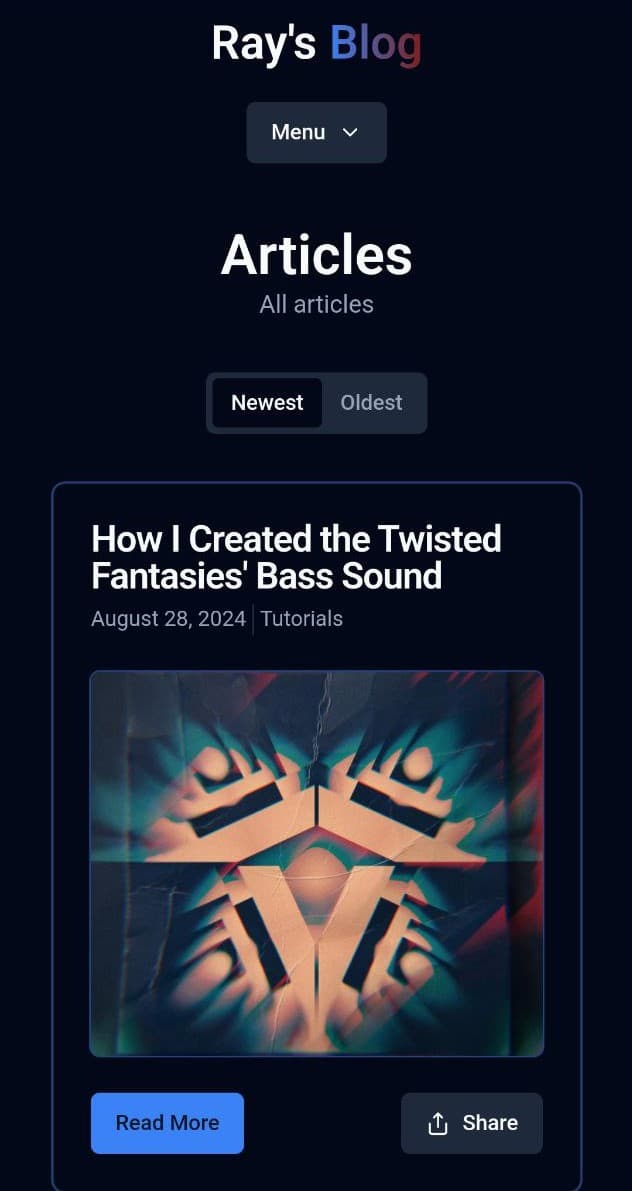 Articles page of the ray's blog website on mobile