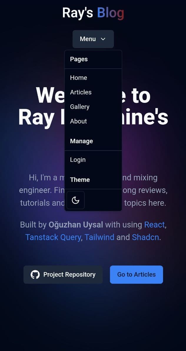 Menu of the ray's blog website on mobile