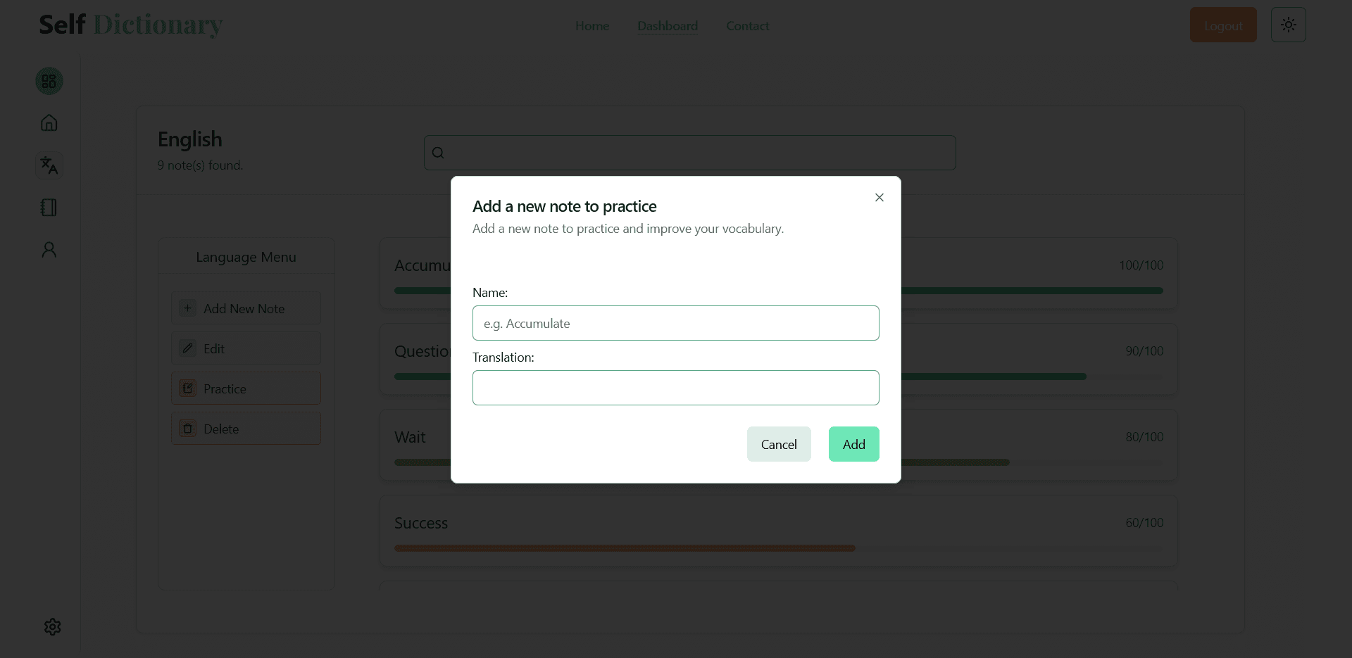 Create note dialog of the self dictionary website
