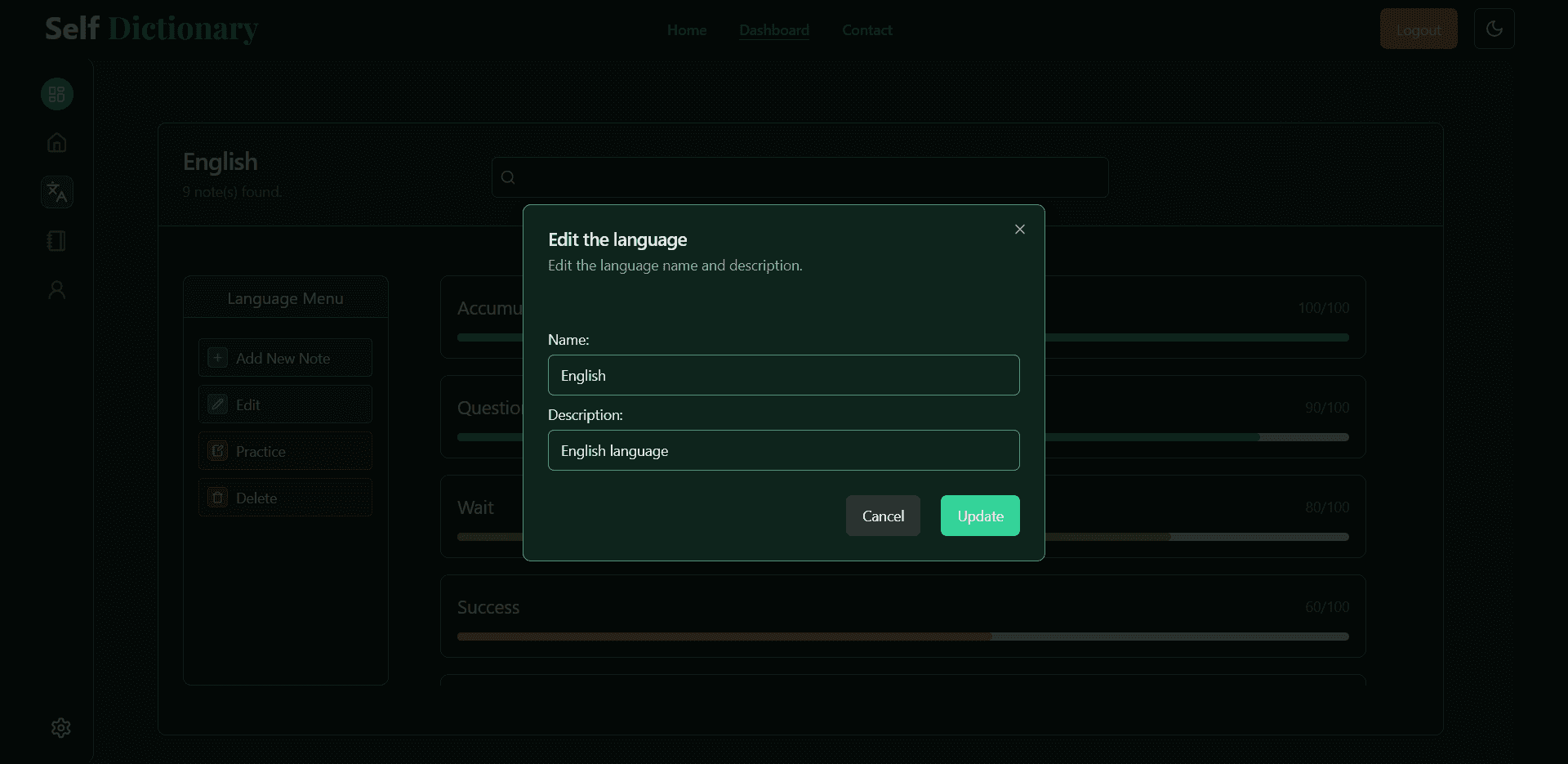 Edit language dialog of the self dictionary website