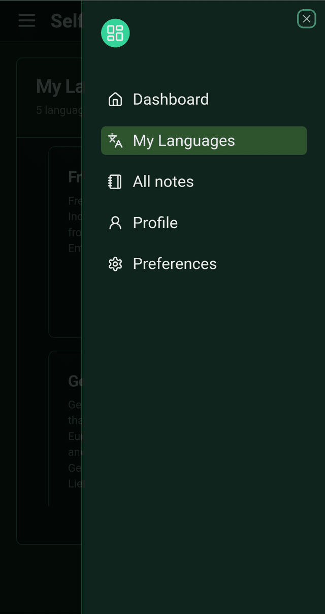 Dashboard page sidebar of the self-dictionary website on mobile