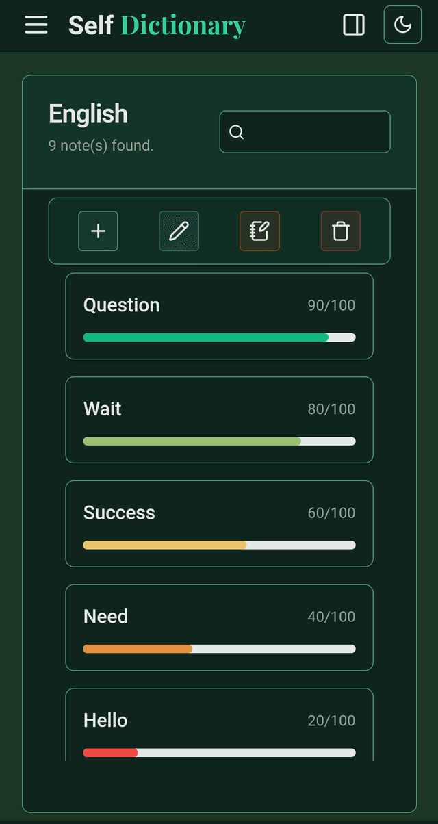 Language notes page of the self-dictionary website on mobile